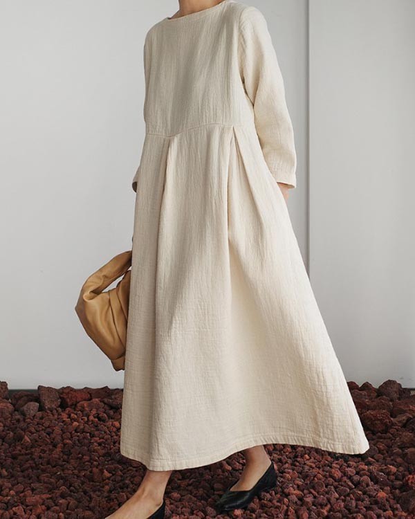 Elegant Round Neck Loose Cotton Linen Dress