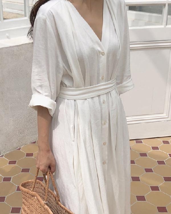 Elegant V-neck Long-sleeved Simple Loose Cotton and Linen Shirt Dress