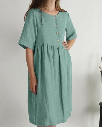 Casual Cotton Round Neck Loose Linen Solid Color Pocket Dress