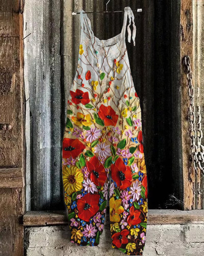 Casual Abstract Acrylic Floral Art Jumpsuit