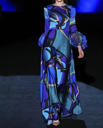 Blue Printed Elegant Round Neck Long Dress