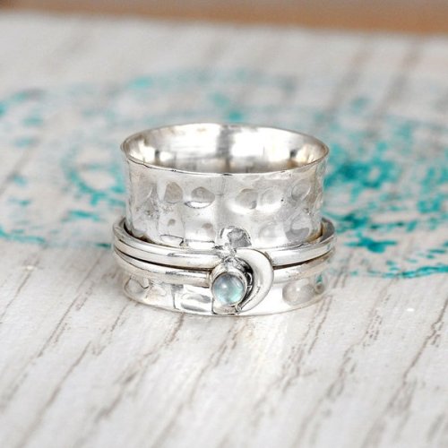Sterling Silver Crescent Moon Moonstone Spinner Ring