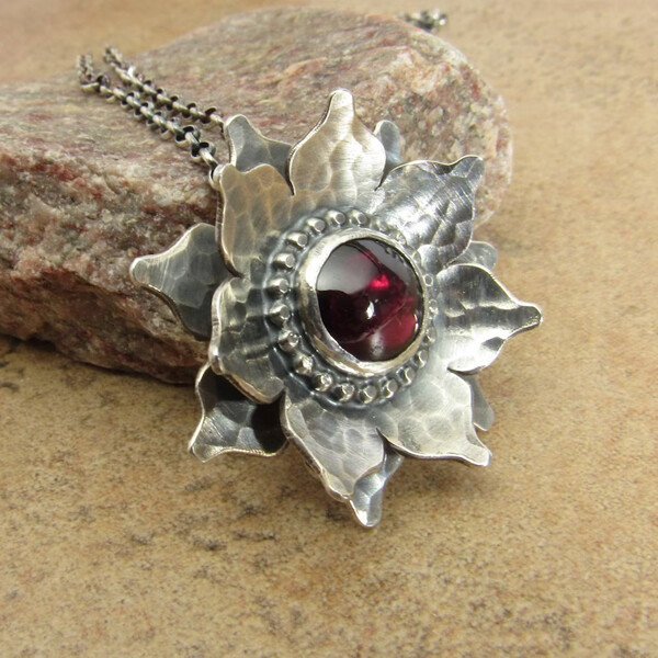 Sterling Silver Red Lotus Garnet Pendant Necklace