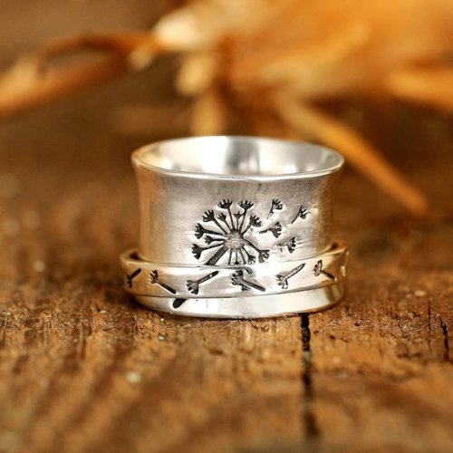 Dandelion Flower Spinner Silver Ring