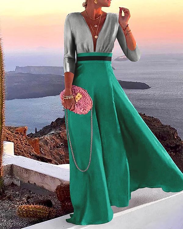 Elegant Long-sleeved V-neck Color Block Party Long Dress