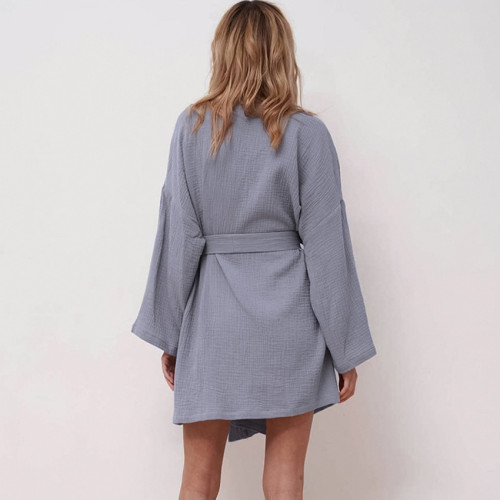 Casual cotton linen long sleeve ladies home robe