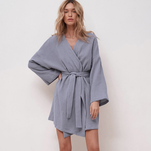 Casual cotton linen long sleeve ladies home robe