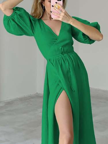 Women's Casual Split Cotton And Linen Dress