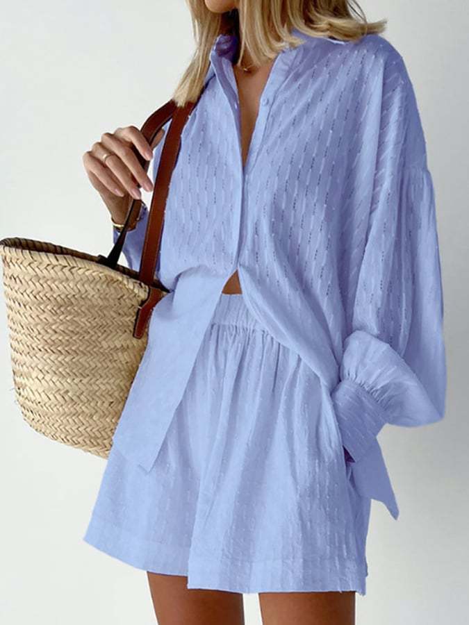 Women's Casual Jacquard Bubble Sleeve Cotton Linen Suit