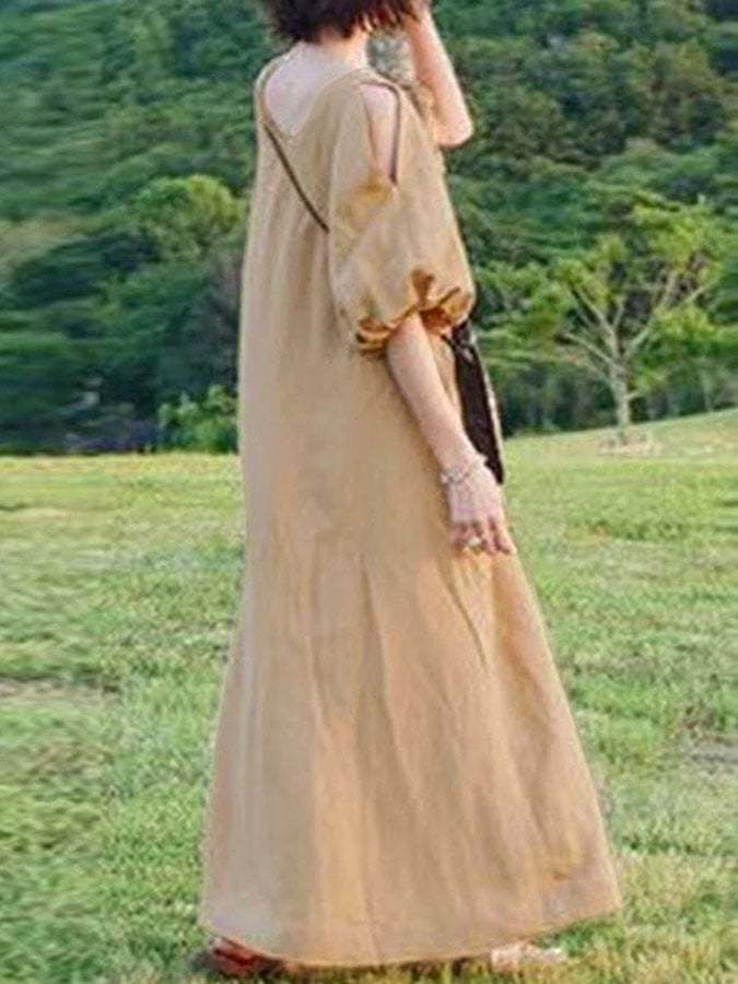Off-The-Shoulder Solid Cotton And Linen Long Dress
