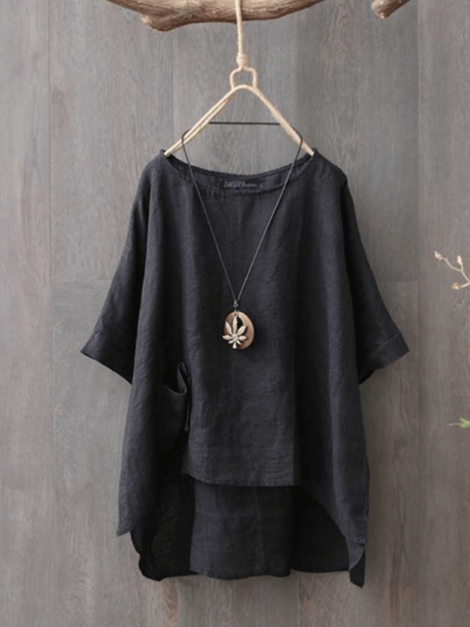 Women's Cotton and Linen Round Neck Pocket Solid Color Irregular T-Shirt