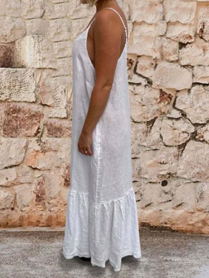 Women'S Casual Cotton Linen Solid Color Dress