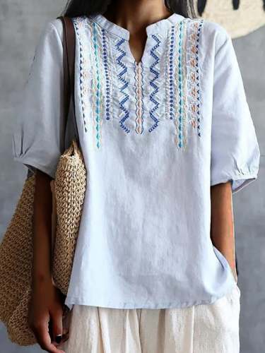 Women's Vintage Embroidery Cotton Linen Short Sleeves