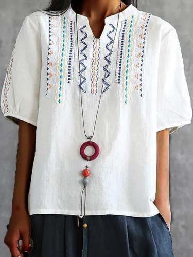 Women's Vintage Embroidery Cotton Linen Short Sleeves