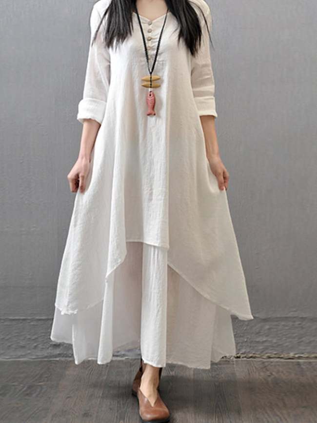 Ladies Cotton Linen Fake Two Piece Long Sleeve Dress