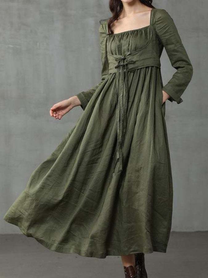 Women's Casual Retro Square Neck Long-sleeved Cotton Linen Dress