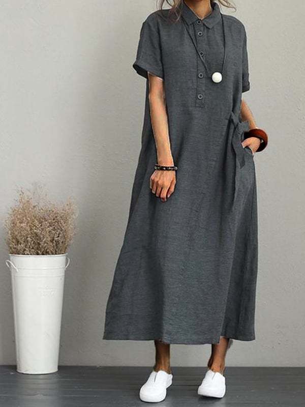 Women's Solid Cotton Linen Lapel Short Sleeve Loose Long Dress