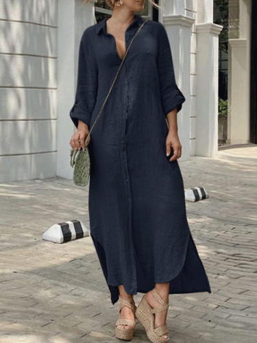 Casual Solid Button Linen Dress
