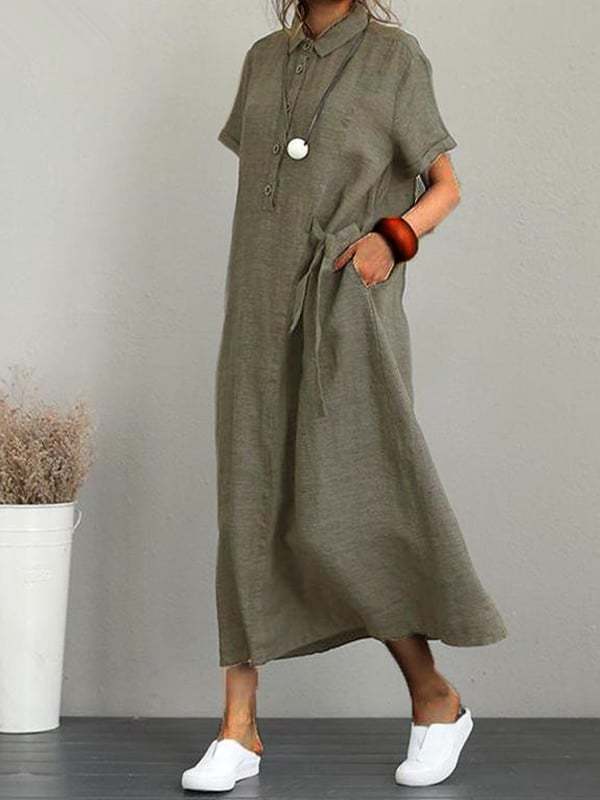 Women's Solid Cotton Linen Lapel Short Sleeve Loose Long Dress