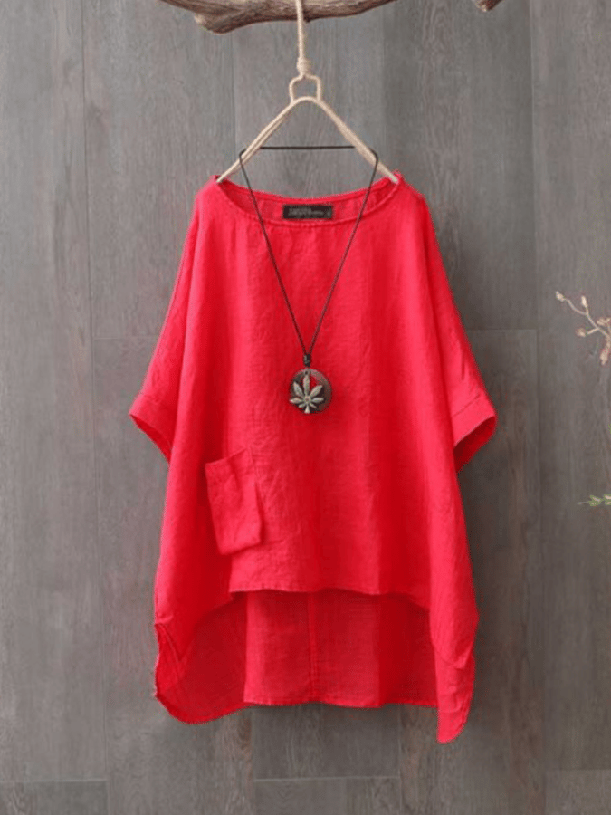 Women's Cotton and Linen Round Neck Pocket Solid Color Irregular T-Shirt