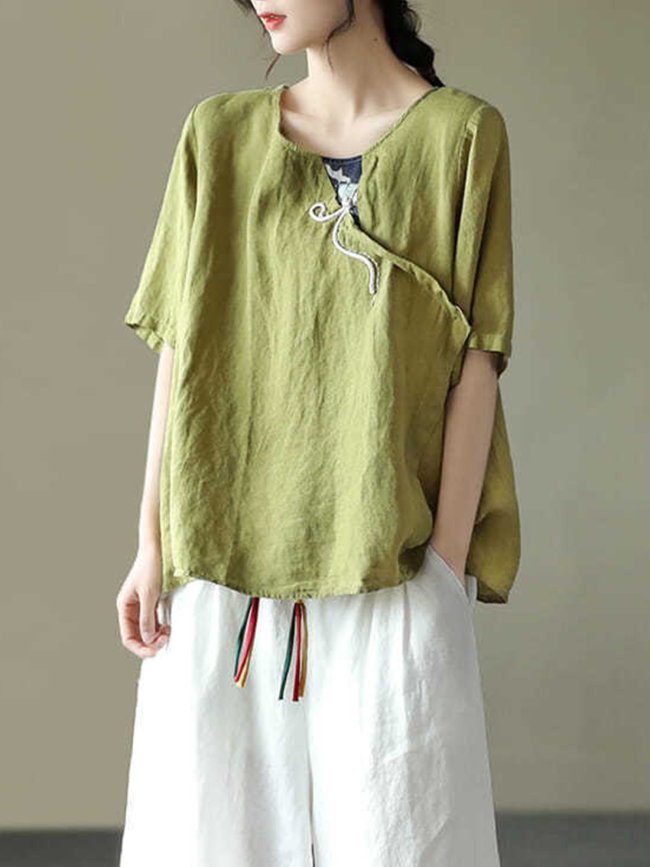 Women's Cotton Linen Embroidered Loose Casual T-Shirt