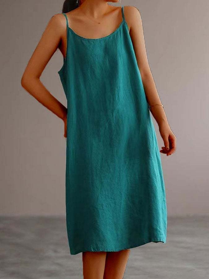 Women's Cotton Linen Solid Color Sling Dress
