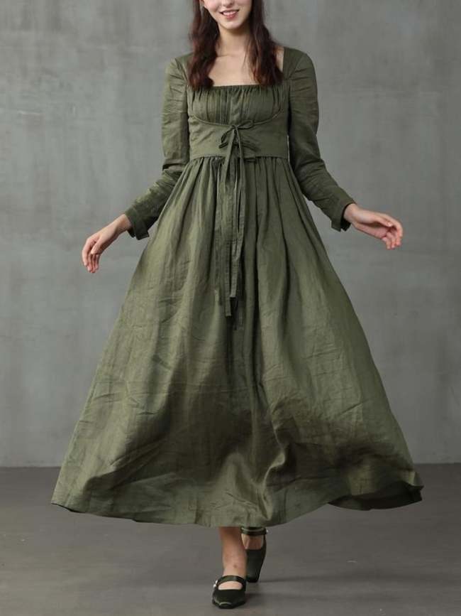Women's Casual Retro Square Neck Long-sleeved Cotton Linen Dress