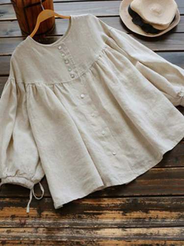 Women's Vintage Cotton Linen Ruffle Lantern Sleeve Shirt