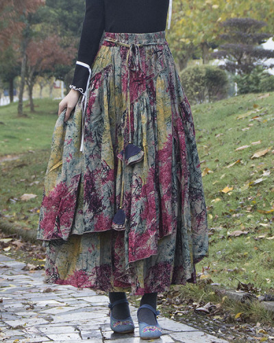 Ethnic Elastic Waist Irregular Linen Printed Skirt