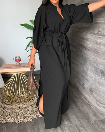 Casual Stand Collar Slit Maxi Tie Dress