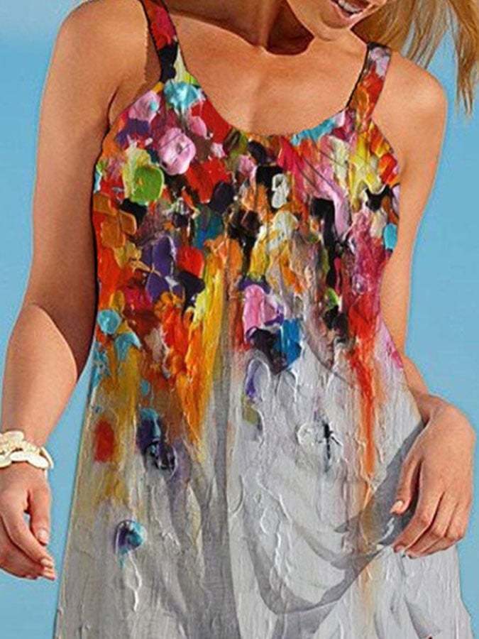 Vacation Flowers Oil Painting Print Slip Dress