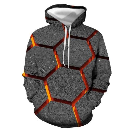 3D Graphic Printed Hoodies Black Hexagon