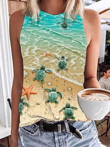 Women's Beach Turtle Print T-Shirt