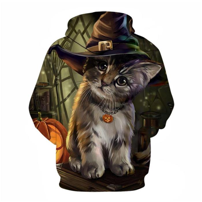 3D Graphic Printed Hoodies Cat Wearing Hat