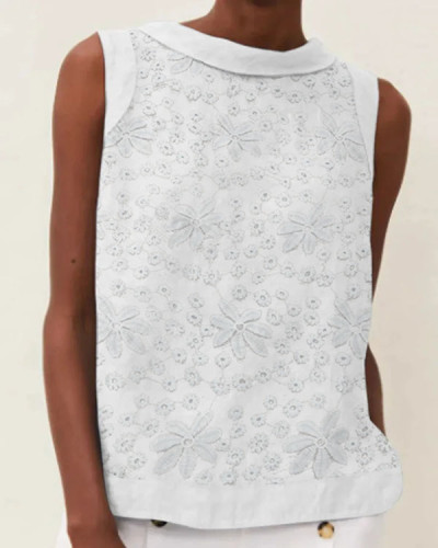 Women's Round Neck Cotton Linen Lace White Applique Top