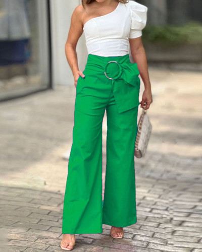 Fashion One-shoulder Puff Sleeve Wide-leg Pants Two-piece Suit