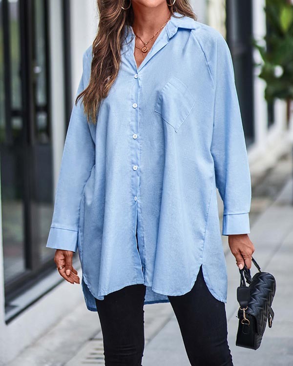 Solid Color Long Sleeve Button Down Shirt Top