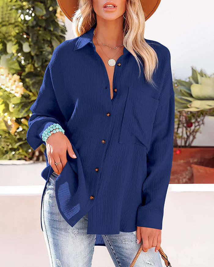Crinkle Crepe Casual Top Button-Down Long Sleeve Shirt Loose Blouse with Pocket