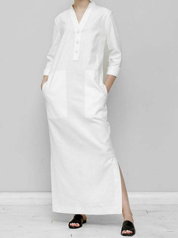 Women's Cotton Linen V-Neck Casual Long Dress