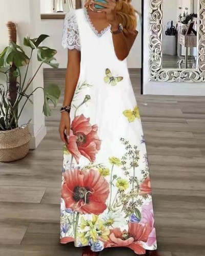 Casual V Neck Lace Short Sleeve Floral Dress