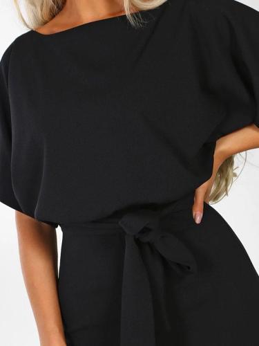 Boat Neck Belted Short Sleeve Dressy Jumpsuits For Women