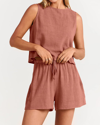 Temperament Sleeveless Linen Solid Color Two Piece Set