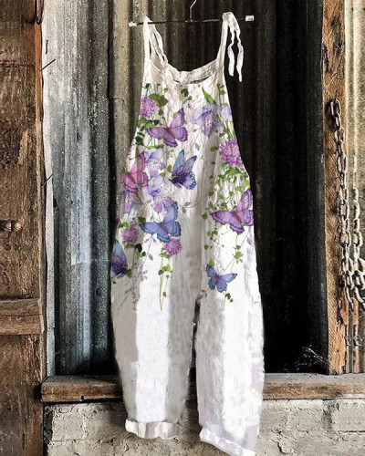Fashion Butterfly Floral Print Loose Casual Jumpsuit