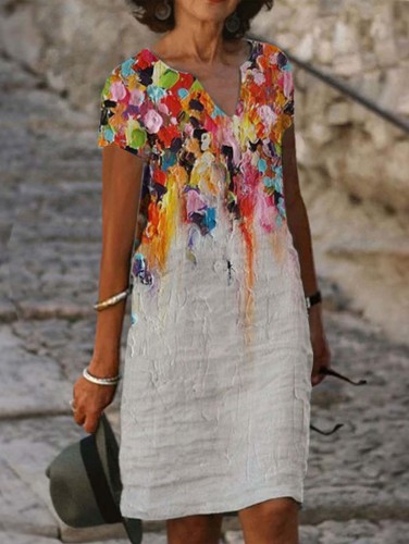 Women's Cotton Linen Oil Painting Print Pocket Dress