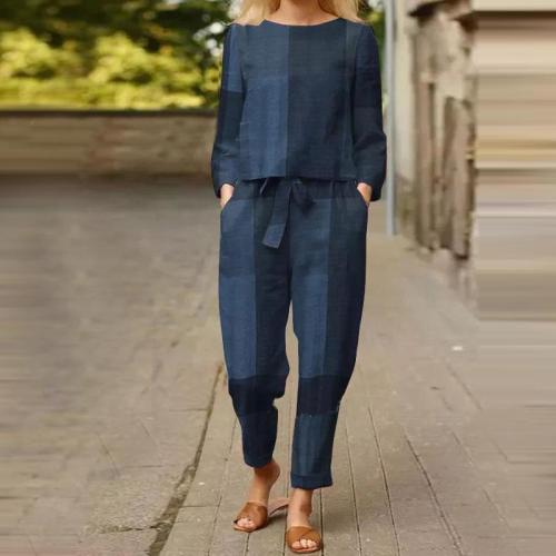 Women's Plaid Long Sleeve Top Casual Pants Two-Piece Cotton And Linen Suit
