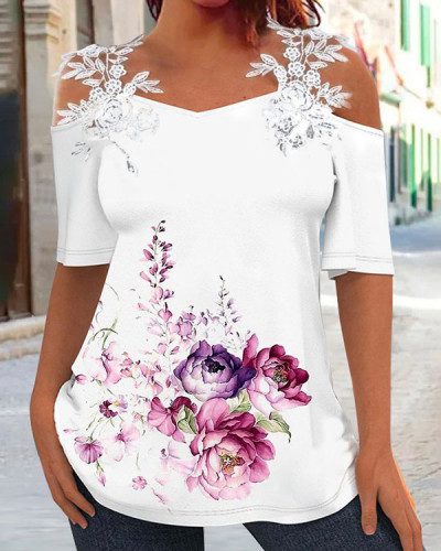 Lace-paneled Off-the-shoulder Floral Short-sleeved Top