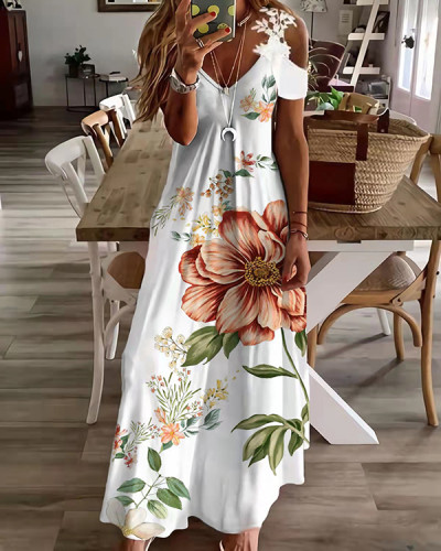 Casual Lace V-neck Floral Loose Dress