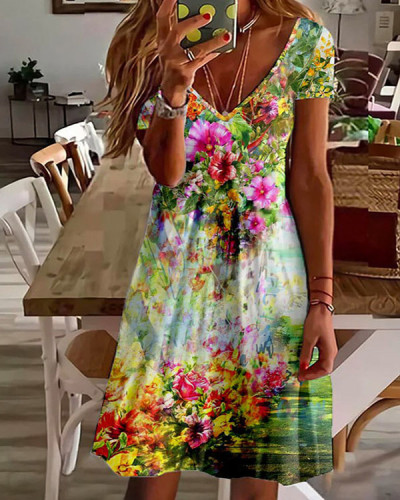 Casual V-neck Floral Print Short-sleeved Dress