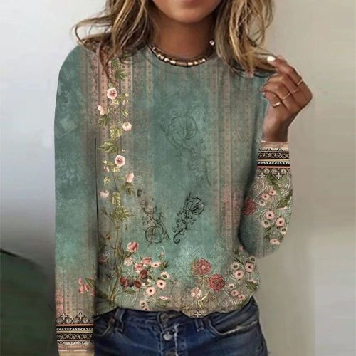 Casual Crew Neck Floral Long Sleeve Top