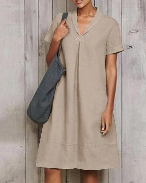 Casual Short Sleeve Pure Linen Mini Dress